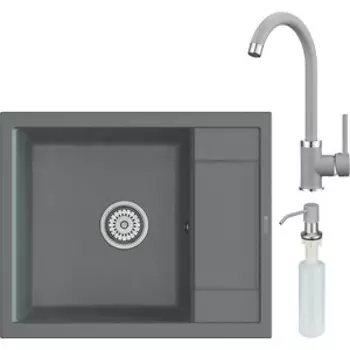 Кухонная мойка и смеситель Point Римо 60 с дозатором, серая (PN3010AL, PN3101AL, PN3201AL)