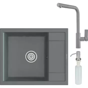 Кухонная мойка и смеситель Point Римо 60 с дозатором, серая (PN3010AL, PN3102AL, PN3201AL)