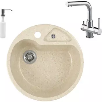 Кухонная мойка и смеситель GreenStone GRS-08K-328 Lemark Comfort LM3061C с сифоном и дозатором, бежевая
