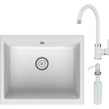 Кухонная мойка и смеситель Point Сидли 55 с дозатором, белая (PN3007W, PN3101W, PN3201W)