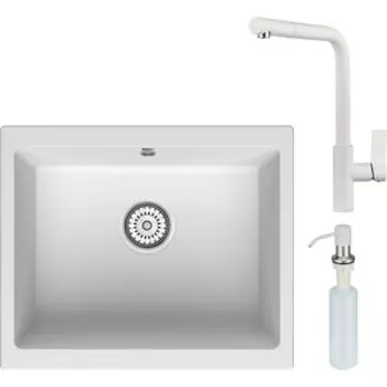 Кухонная мойка и смеситель Point Сидли 55 с дозатором, белая (PN3007W, PN3102W, PN3201W)