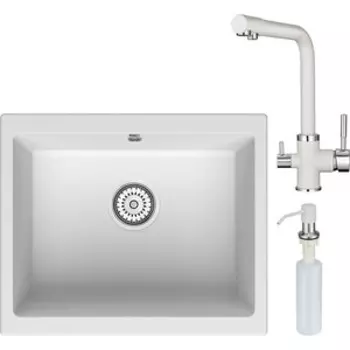 Кухонная мойка и смеситель Point Сидли 55 с дозатором, белая (PN3007W, PN3103W, PN3201W)