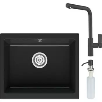 Кухонная мойка и смеситель Point Сидли 55 с дозатором, черная (PN3007B, PN3102B, PN3201B)