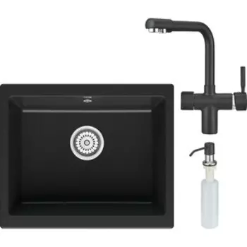 Кухонная мойка и смеситель Point Сидли 55 с дозатором, черная (PN3007B, PN3104B, PN3201B)