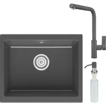 Кухонная мойка и смеситель Point Сидли 55 с дозатором, графит (PN3007GR, PN3102GR, PN3201GR)