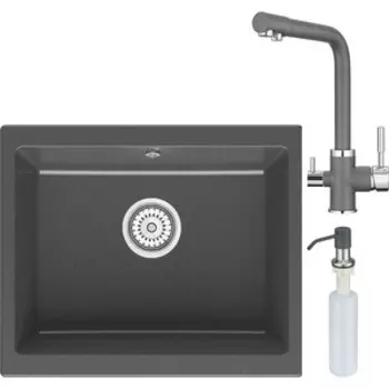 Кухонная мойка и смеситель Point Сидли 55 с дозатором, графит (PN3007GR, PN3103GR, PN3201GR)