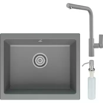 Кухонная мойка и смеситель Point Сидли 55 с дозатором, серая (PN3007AL, PN3102AL, PN3201AL)