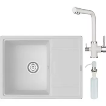 Кухонная мойка и смеситель Point Стил 65 с дозатором, белая (PN3009W, PN3103W, PN3201W)