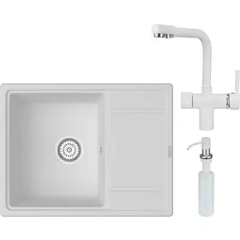 Кухонная мойка и смеситель Point Стил 65 с дозатором, белая (PN3009W, PN3104W, PN3201W)