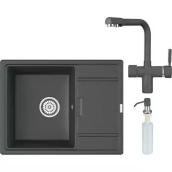 Кухонная мойка и смеситель Point Стил 65 с дозатором, графит (PN3009GR, PN3104GR, PN3201GR)