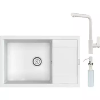 Кухонная мойка и смеситель Point Велета 78 с дозатором, белая (PN3002W, PN3102W, PN3201W)