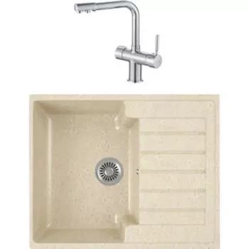 Кухонная мойка и смеситель GreenStone GRS-13s-328 Haiba HB70088 с сифоном, бежевая