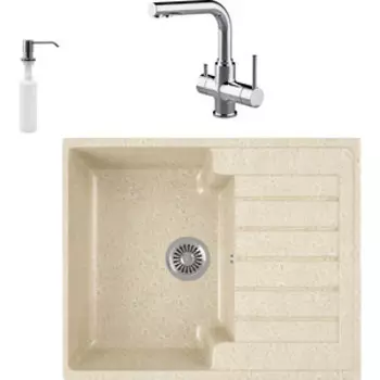 Кухонная мойка и смеситель GreenStone GRS-13s-328 Lemark Comfort LM3061C с сифоном и дозатором, бежевая
