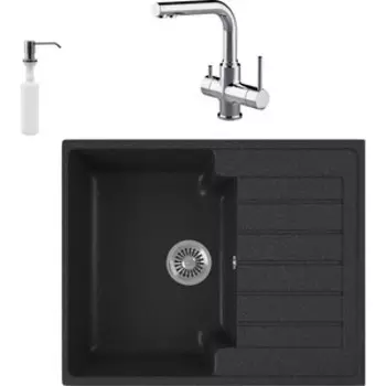 Кухонная мойка и смеситель GreenStone GRS-13s-343 Lemark Comfort LM3061C с сифоном и дозатором, антрацит