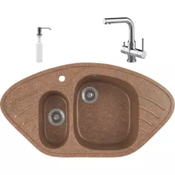 Кухонная мойка и смеситель GreenStone GRS-14-307 Lemark Comfort LM3061C с сифоном и дозатором, терракот