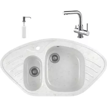 Кухонная мойка и смеситель GreenStone GRS-14-331 Lemark Comfort LM3061C с сифоном и дозатором, белая