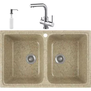 Кухонная мойка и смеситель GreenStone GRS-15-302 Lemark Comfort LM3061C с сифоном и дозатором, песочная