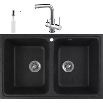 Кухонная мойка и смеситель GreenStone GRS-15-308 Lemark Comfort LM3061C с сифоном и дозатором, черная