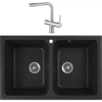 Кухонная мойка и смеситель GreenStone GRS-15-308 Haiba HB70088 с сифоном, черная
