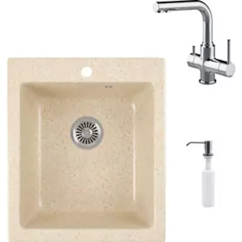 Кухонная мойка и смеситель GreenStone GRS-17-328 Lemark Comfort LM3061C с сифоном и дозатором, бежевая