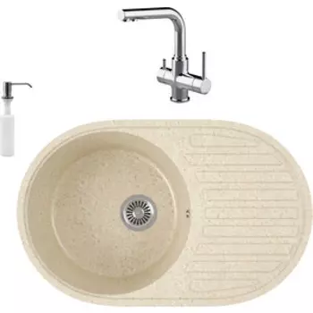 Кухонная мойка и смеситель GreenStone GRS-18-328 Lemark Comfort LM3061C с сифоном и дозатором, бежевая