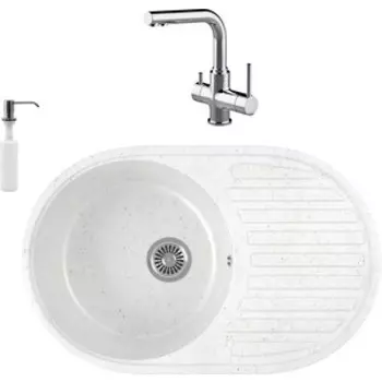 Кухонная мойка и смеситель GreenStone GRS-18-331 Lemark Comfort LM3061C с сифоном и дозатором, белая