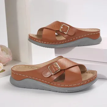 Fashion Summer Leather Wedge Slippers for Women 2024 New Fashion Buckle Thick Bottom Sandals for Women Comfortable Non-slip Beach 36 чёрный