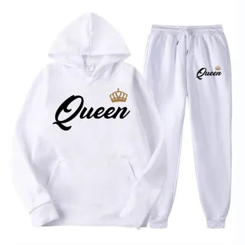 Мужской и женский спортивный костюм с длинным рукавом King Queen для пары «Я с ней» с принтом, комплект из 2 предметов, мужская толстовка, женские толстовки, костюмы XXXL