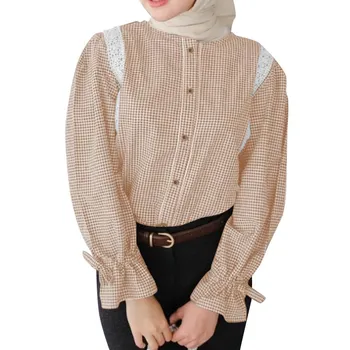ZANZEA Women Lace Patchwork Casual O-neck Long Sleeve Grid Blouse S чёрный