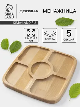 Менажница деревянная квадратная доляна, 25251,8 см, 5 секций, береза
