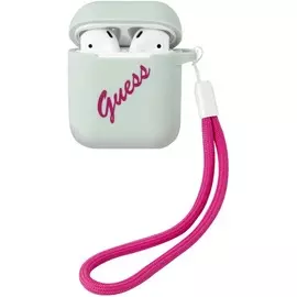 Чехол для наушников Guess Silicone Case Script logo with cord для AirPods, голубой/фуксия