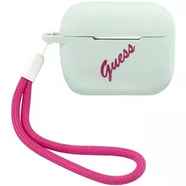 Чехол для наушников Guess Silicone Case Script logo with cord для AirPods Pro, голубой/фуксия