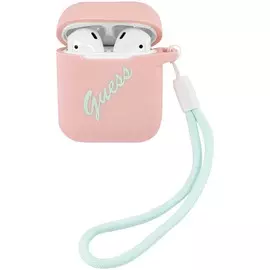 Чехол для наушников Guess Silicone Case Script logo with cord для AirPods, розовый/зеленый