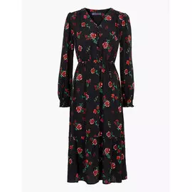Платье-миди с V-образным вырезом и цветочным принтом, Marks&amp;Spencer