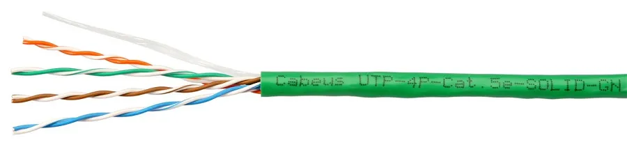 Кабель витая пара U/UTP 5e кат. 4 пары Cabeus UTP-4P-Cat.5e-SOLID-GN 24AWG(0.51 мм), медь, одножильный (solid), внутренний, PVC, нг(A)-LS, зелёный, уп