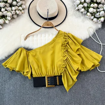 Шикарная блузка Blusas De Mujer с косым воротником и воланами, нерегулярная блузка Ins для женщин, однотонная, со складками на поясе, Camisas, летняя дропшиппинг One Size зелёный