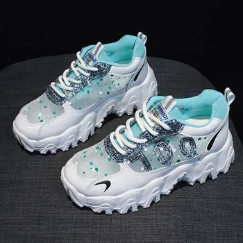 Old Daddy Shoes Женская весенняя женская обувь с блестками Красочные повседневные дышащие сетчатые кроссовки 35 белый