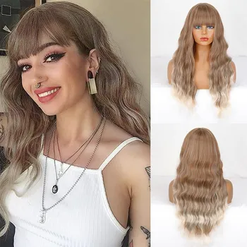 MISS WIG, женский длинный волнистый парик с челкой, синтетическое волокно, светло-русый, повседневная одежда, длинный парик с волнистыми волнами, черный, коричневый, цвет омбре T1B/613