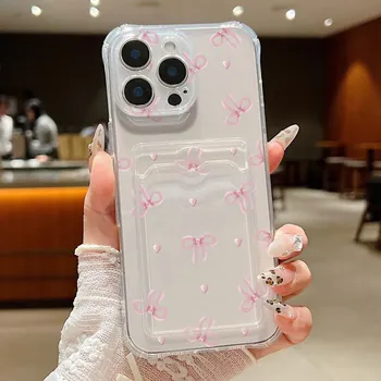 Розовый бантовый принт прозрачный мягкий силиконовый чехол для телефона iPhone 16 15 Pro Max 14 Pro 13 12 11 слот для карт ударопрочный тонкий прозрачный бампер чехол iPhone 16 серый