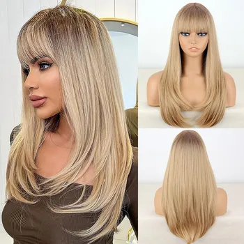 LISI HAIR женский натуральный прямой коричневый парик с челкой из синтетического волокна, натуральный волнистый многослойный парик, повседневная одежда для косплея 65 cm