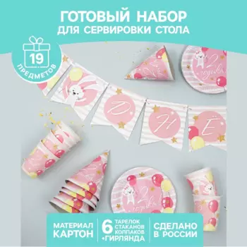 Набор Страна Карнавалия С днем рождения 2 годика 6 тарел/6 стаканов/6 колпаков/гирлянда розовый