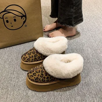 Thick-soled snow boots women s new winter fluffy shoes flat-soled velvet warm one pedal cute wind 35