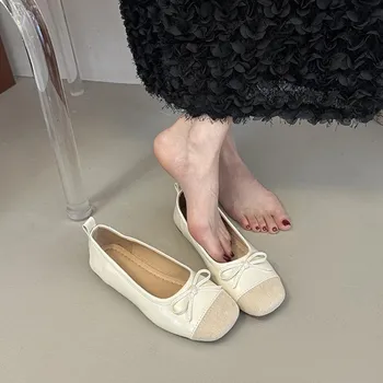 Red bow square head single shoes women s summer new soft-soled flat-soled shallow-mouth beanie shoes 35