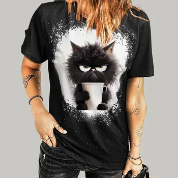 Модная женская футболка с принтом Angry Cute Cat, забавная повседневная футболка с круглым вырезом и короткими рукавами, летняя женская футболка XS фиолетовый