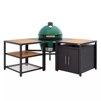 Керамический гриль Big Green Egg L на угловой модульной подставке в комбинации со шкафом и рабочим столом зеленый 46см