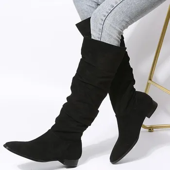 Lucyever Fashion плиссированные сапоги из искусственной замши для женщин, большие размеры, остроносые сапоги до середины голени, женские ковбойские ботинки на низком каблуке 35