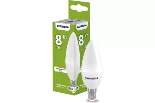 Лампа светодиодная GENERICA LL-C35-08-230-40-E14-G C35 8Вт свеча 4000К E14 230В