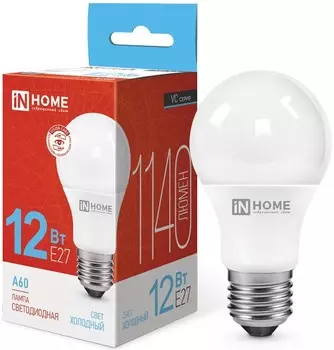 Лампа светодиодная IN HOME 4690612020259 LED-A60-VC 12Вт грушевидная 6500К холодный, белый E27 1140лм