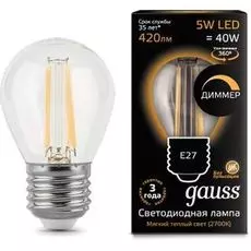 Лампа светодиодная Gauss 105802105-D LED Filament Шар dimmable E27 5W 420lm 2700K