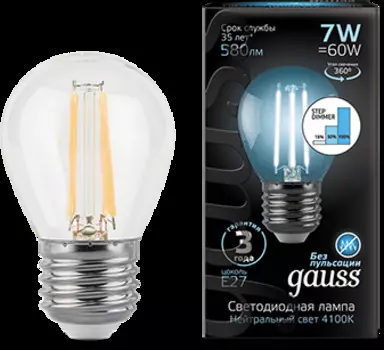 Лампа светодиодная Gauss 105802207-S LED Filament Шар E27 7W 580lm 4100K step dimmable